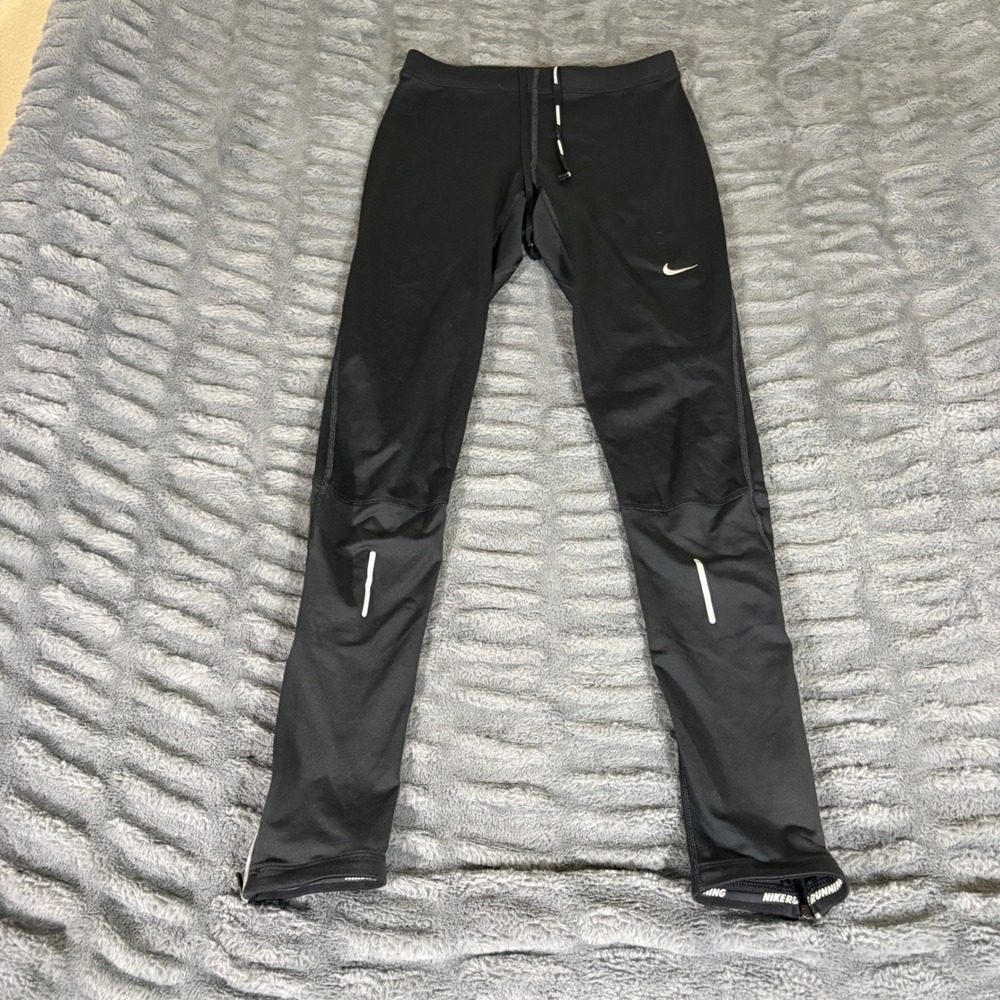 Nike Dri-FIT Mens Running Tights Black Reflective Ankle Zip Leggings Small AT485